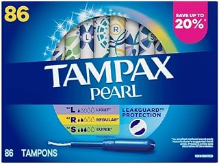Tampax Pearl Tampons Multipack, with LeakGuard Braid, Light/Regular/Super Absorbency, Unscented, 86 ct.