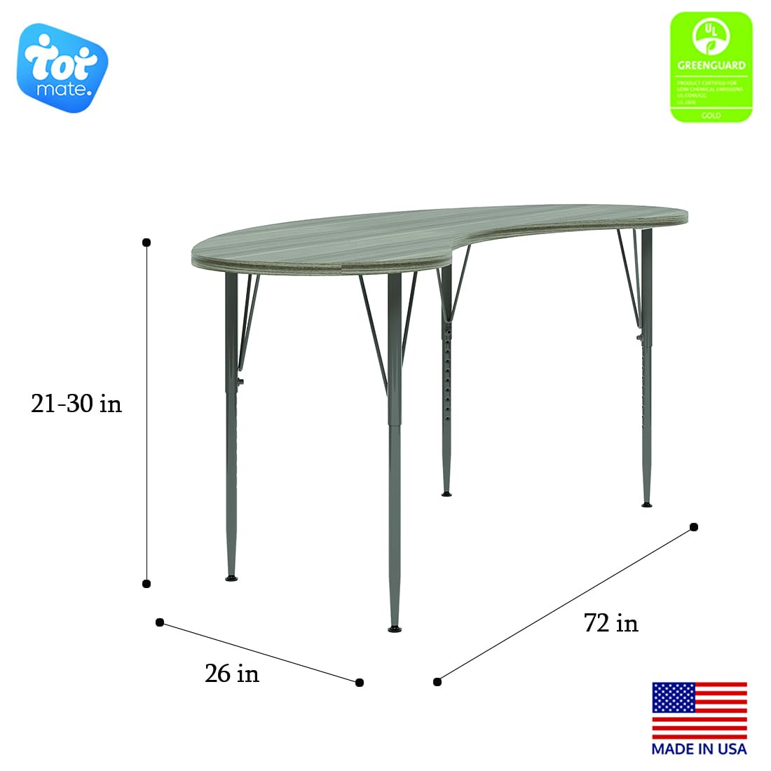Curved Table 72" Wide (Shadow Elm Gray) by Tot Mate – 3/4" Thick Industrial Grade Wood With Laminate Surfacing, Shadow Elm Gray, Model TM9373