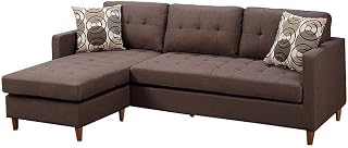 2-Piece Reversible Sectional, Brown Linen-Like Upholstery, 86L x 59W x 33H, Pocket Coil Seat Cushions, Tufted Design with Wooden Legs, Includes 2 Accent Pillows, Modular Living Room