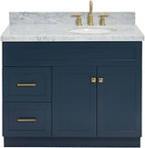 ARIEL Hamlet 42-inch Bathroom Vanity with Sink,Solid Wood, 1.5-inch Italian Carrara Marble Countertop, Single Oval Porcelain Sink, Soft Closing Doors, Dovetail Drawers, Midnight Blue