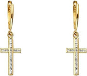 14k REAL Yellow Gold CZ Channel Set Cross Dangle Earrings (33 x 10 mm)