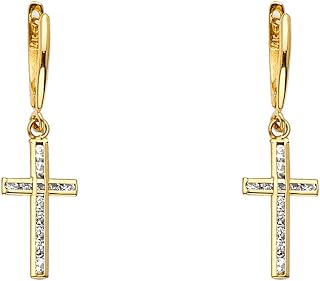 14k REAL Yellow Gold CZ Channel Set Cross Dangle Earrings (33 x 10 mm)