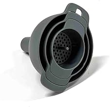 Tablecraft 12645 Funnel Set with Strainer, 3-Piece Nesting Funnels with Removable Filter for Transferring Liquids, Oils, Spices, Dry Ingredients, Durable Polypropylene, Dishwasher Safe, Hanging Loop