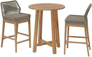 Modway Wellspring 3-Piece Teak Wood Outdoor Bar Set in Light Gray Greige – Bar Height Patio Dining Set with 2 Woven Rope Bar Stools and 1 Wood Pub Table