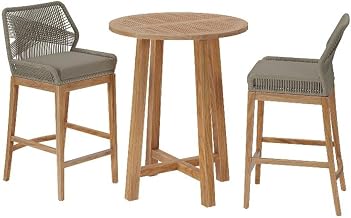 Modway Wellspring 3-Piece Teak Wood Outdoor Bar Set in Light Gray Greige – Bar Height Patio Dining Set with 2 Woven Rope Bar Stools and 1 Wood Pub Table
