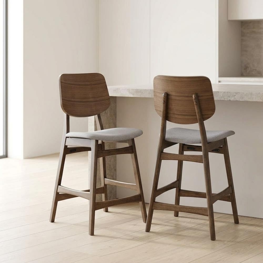 Solid Wood Counter Stools with Upholstered Seat by Starlight Canyon Home – Solid Wood, MDF, Fabric (100% Polyester), Foam, Grey, Pack of 2