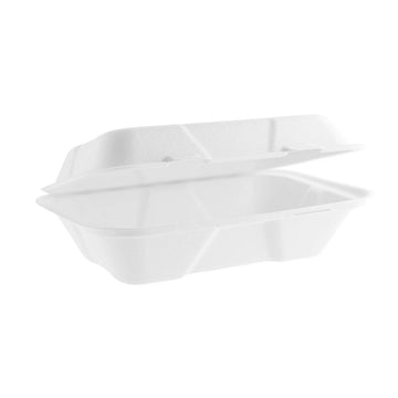 Plant-Based Compostable 9 x 6in Large Bagasse Clamshell (Case of 200) by Vegware – 9 x 6in, Bagasse, White, Pack of 200, Model VA-SH89