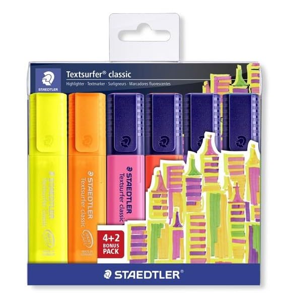 Textsurfer Classic 4+2 Promopack by STAEDTLER – 1 Count (Pack of 6), Plastic Water-based ink, Yellow, orange, pink, green, blue, purple, Model 364 Cwp6