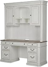 Antique White and Weathered Bark Credenza and Hutch, Rubberwood Solids and Veneers, European Traditional Style, Office Storage Solution