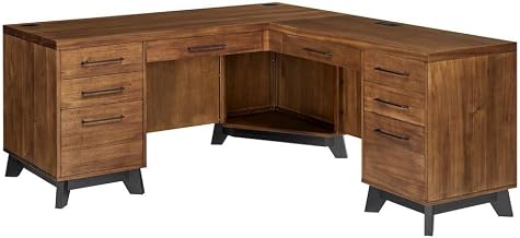 Starlight Canyon Home Modern L-Desk Return with Locking File Drawers, Utility Storage, Keyboard Tray, Integrated Power Center, Brown Wood