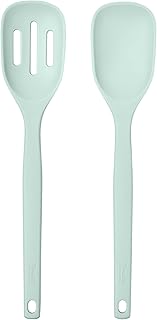 Tovolo Elements Silicone Spoon Set of 2 Mixing and Slotted Spoon Bundle for Non Stick Cooking Mixing Serving, Dishwasher Safe Heat Resistant Slotted Spoon and Mixing Serving Spoon, Blue Haze