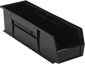 Quantum QUS238BR Ultra Stack & Hang Bin, Heavy Duty Parts Organizer with Open Front and Rear Hanglock, Stackable Storage Container, 18 x 5-1/2 x 5", Black, Pack of 12