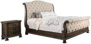 2-Piece Bedroom Set, Queen Sleigh Bed and 3-Drawer Nightstand, Solid Wood and Veneer, Linen-Like Fabric, Rustic Natural Tone Finish, Transitional Style for Elegant Bedroom Decor