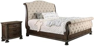 2-Piece Bedroom Set, Queen Sleigh Bed and 3-Drawer Nightstand, Solid Wood and Veneer, Linen-Like Fabric, Rustic Natural Tone Finish, Transitional Style for Elegant Bedroom Decor