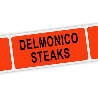 Specialty Printing Delmonico Steak Grabber Label Dayglo Red with Black Print by Phipps Label – 1.375 x 3/4 inches, Paper, Dayglo Red With Black Print, Pack of 1000, Model 80214