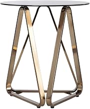 Furnifact Metal Round Accent Table with Tempered Smoked Glass Top, Geometric Sled Base End Table for Living Room, Bedroom or Home Office