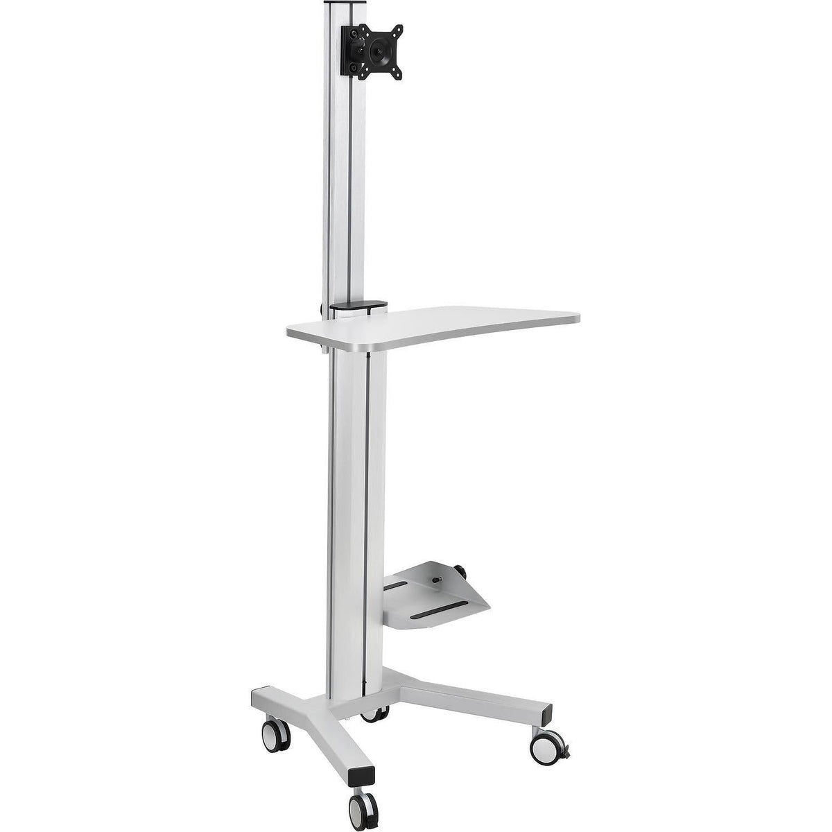 Height Adjustable Mobile Desktop Computer Workstation with 4-Outlet Power Strip by Global Industrial – 19.69"L x 27"W x 69.25"H, Aluminum/Steel, Silver, Model 670062