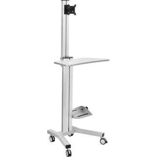 Height Adjustable Mobile Desktop Computer Workstation with 4-Outlet Power Strip by Global Industrial – 19.69"L x 27"W x 69.25"H, Aluminum/Steel, Silver, Model 670062