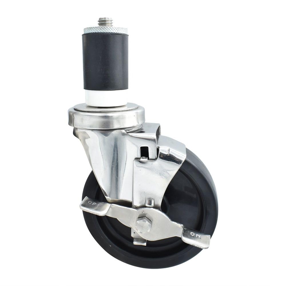 BK Resources 5" Polyolefin 1-1/2" Expanding Stainless Steel Stem Swivel Caster for Work Tables with Top Lock Brake – 5", Silver, Model 5SS-3RA-LDP-TLB