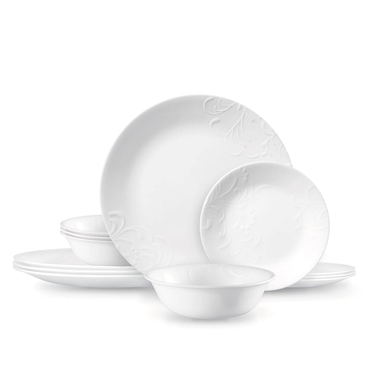 Madeline Embossed 12 Piece White Dinnerware Set by Corelle – Glass, White, Pack of 12, Model 3446AB
