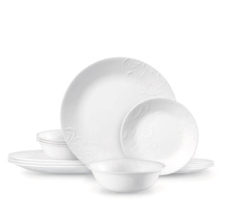 Madeline Embossed 12 Piece White Dinnerware Set by Corelle – Glass, White, Pack of 12, Model 3446AB