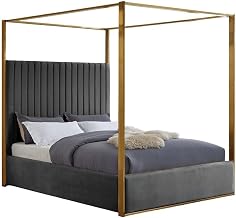 Starlight Canyon Home Velvet-Upholstered Canopy Platform Bed with Button-Tufted Headboard, Bed Frame with Headboard and Gold Legs, Grey Velvet, Queen