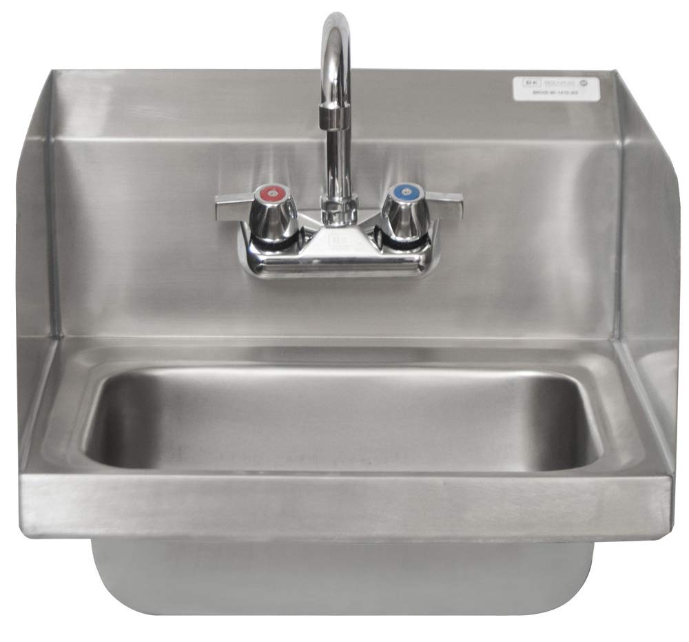 BK Resources Wall Mounted Stainless Steel Hand Sink with Faucet and Side Splashes – 16 Inches, Stainless Steel, 14x10 Bowl with Faucet and Side Splash, Model BKHS-W-1410-SS-P-G