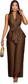 pants suits, Women's 2pcs/Set Solid Color Linen-Like Belted V-Neck Sleeveless Blouse And Wide Leg Pants Set