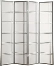 FurniFact Silver 4-Panel Wood Room Divider, Folding Privacy Screen, Rice Paper Panels, Contemporary Style, 70 Inch Tall, Freestanding