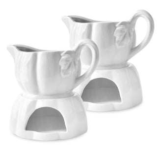 Demine Ceramic Gravy Boat, 18 Ounce Capacity with Candle Warmer, White