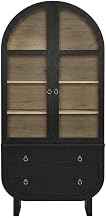Wooden Curio Cabinet with Arched Glass Doors, Tall Display Case and Glass Cabinet for China Storage, Black Light Oak