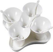CAC China PTB-11SET Porcelain Condiment Plate Set with 5 Bowls/5 Spoons and Tray, 8-3/4-Inch, Super White, Box of 12