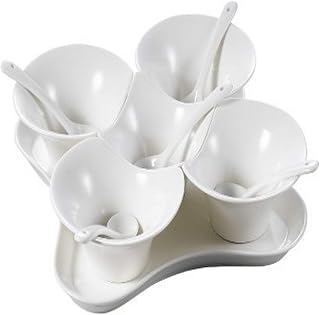 CAC China PTB-11SET Porcelain Condiment Plate Set with 5 Bowls/5 Spoons and Tray, 8-3/4-Inch, Super White, Box of 12
