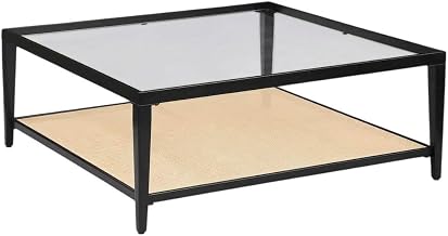 Furnifact Black Glass Top Metal Coffee Table with Cane Shelf Transitional Square Design Durable Steel Frame Elegant Living Room Accent