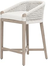 Beige Transitional Montecito Outdoor Counter Stool, Solid Teak Frame, Reversible Removable Cushion, Footrest, Performance White Upholstery