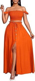 Women's Skirt Set Elegant Linen-Like Off Shoulder Small Sleeves Crop Top And A-Line Front Slit Skirt Basic Summer