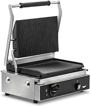 120-volt single panini sandwich grill with cast-iron grooved plates and NEMA 5-15P Plug