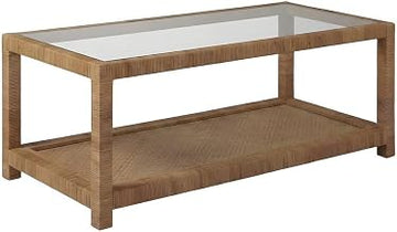 Starlight Canyon Home Wrapped Split Rattan Cocktail Table with Glass Top, Open-Shelf Wicker Coffee Table for Living Room and Sunroom