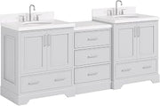 ARIEL 85 in. Double Oval Sink Bathroom Vanity Set with Center Storage Drawers & Carrara White Quartz Countertop in Grey