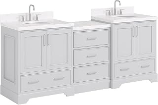 ARIEL 85 in. Double Oval Sink Bathroom Vanity Set with Center Storage Drawers & Carrara White Quartz Countertop in Grey