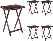 Furnifact Solid Wood Snack Table Set with Nesting Stand, Folding TV Trays for Eating Stackable TV Dinner Tray Tables, Walnut