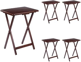 Furnifact Solid Wood Snack Table Set with Nesting Stand, Folding TV Trays for Eating Stackable TV Dinner Tray Tables, Walnut
