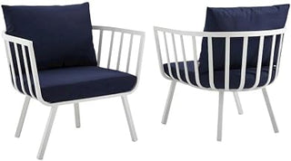 White Aluminum Armchair Set of 2, Outdoor Lounge Chairs, Cushioned Seating with 4-Inch Thick Cushions, Durable Frame, 28-Inch Seat Height