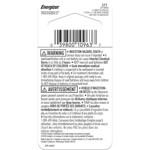 Energizer Multicolor / 2 Count (Pack of 1) / 377 Coin & Button Cell