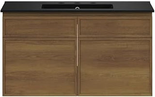 Swiss Madison St. Tropez 36" Wall-Mounted Bathroom Vanity in Brown Oak with Black 3-Hole Widespread Sink Top