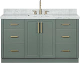 ARIEL Loren 60-inch Bathroom Vanity with Sink,Solid Wood, 1.5-inch Italian Carrara Marble Countertop, Single Rectangular Porcelain Sink, 2 Soft Closing Doors, 7 Dovetail Drawers, Vintage Green