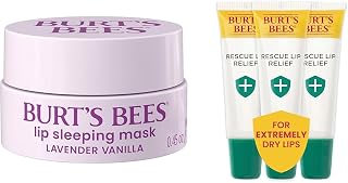 Burt's Bees Lavender Vanilla Lip Sleeping Mask and Rescue Lip Relief Lip Balm Bundle, 0.45 oz. and 3 Tubes 0.35 oz.