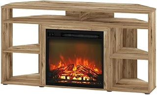 Furnifact Oak Corner TV Stand with Fireplace, for up to 55-Inch TVs, Wooden Construction, Contemporary Design, Adjustable Fireplace, Storage Compartments