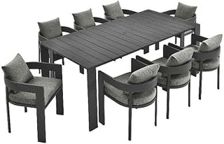 Modway Tahoe Outdoor Patio Powder-Coated Aluminum 9-Piece Dining Set in Gray Gray - Rectangular Patio Furniture Set for 8 - Outside Table with Umbrella Hole and Cushioned Chairs - Modern Patio Set