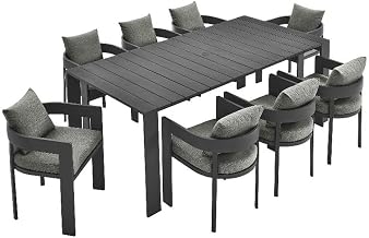 Modway Tahoe Outdoor Patio Powder-Coated Aluminum 9-Piece Dining Set in Gray Gray - Rectangular Patio Furniture Set for 8 - Outside Table with Umbrella Hole and Cushioned Chairs - Modern Patio Set